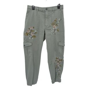 Sundance Sage Green Floral Embroidered Cargo Utility Pants Sz 10 Elastic Back